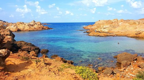 Scenic view of coast against cloudy sky