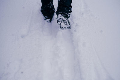 Low section of walking person on snowcapped field