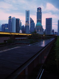 City at waterfront against cloudy sky