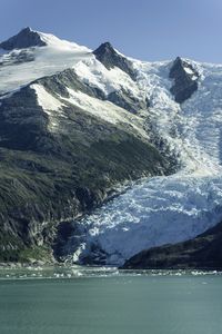 Scenic view of snowcapped mountains by sea against sky