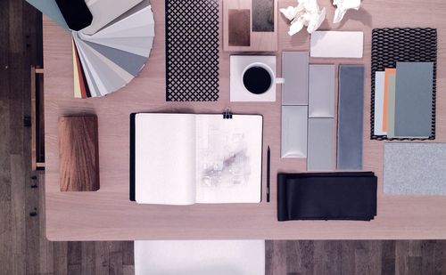 Directly above view of office supplies on table