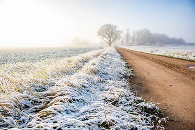 Snow covered road amidst field against sky during winter
