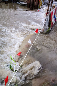 High angle view of boats in river