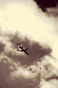 Low angle view of bird flying against cloudy sky