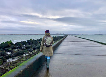 Rear view of man standing on pier over sea against sky
