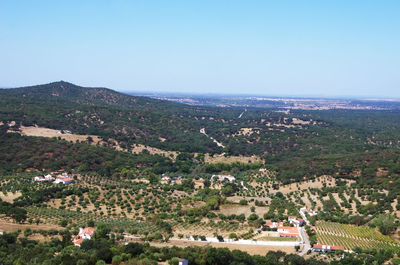 High angle view of townscape against clear sky