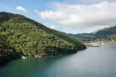 Scenic view of bay against sky