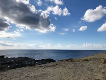 Scenic view of sea against blue sky