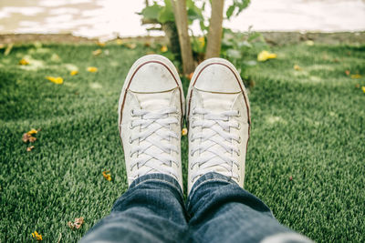 Low section of person wearing shoes on grass