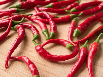 Close-up of red chili peppers on table