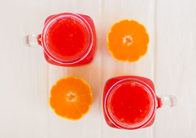 High angle view of fruits in glass on table