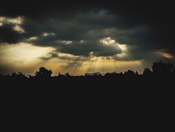 Silhouette trees on landscape against dramatic sky