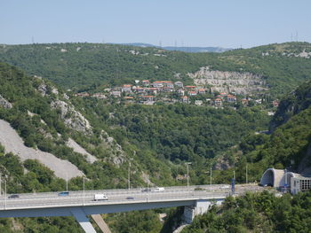 High angle view of trees and landscape against sky