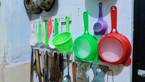 High angle view of kitchen utensils on table