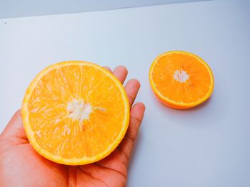 Cropped image of hand holding orange slice