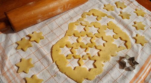 High angle view of cookies on table