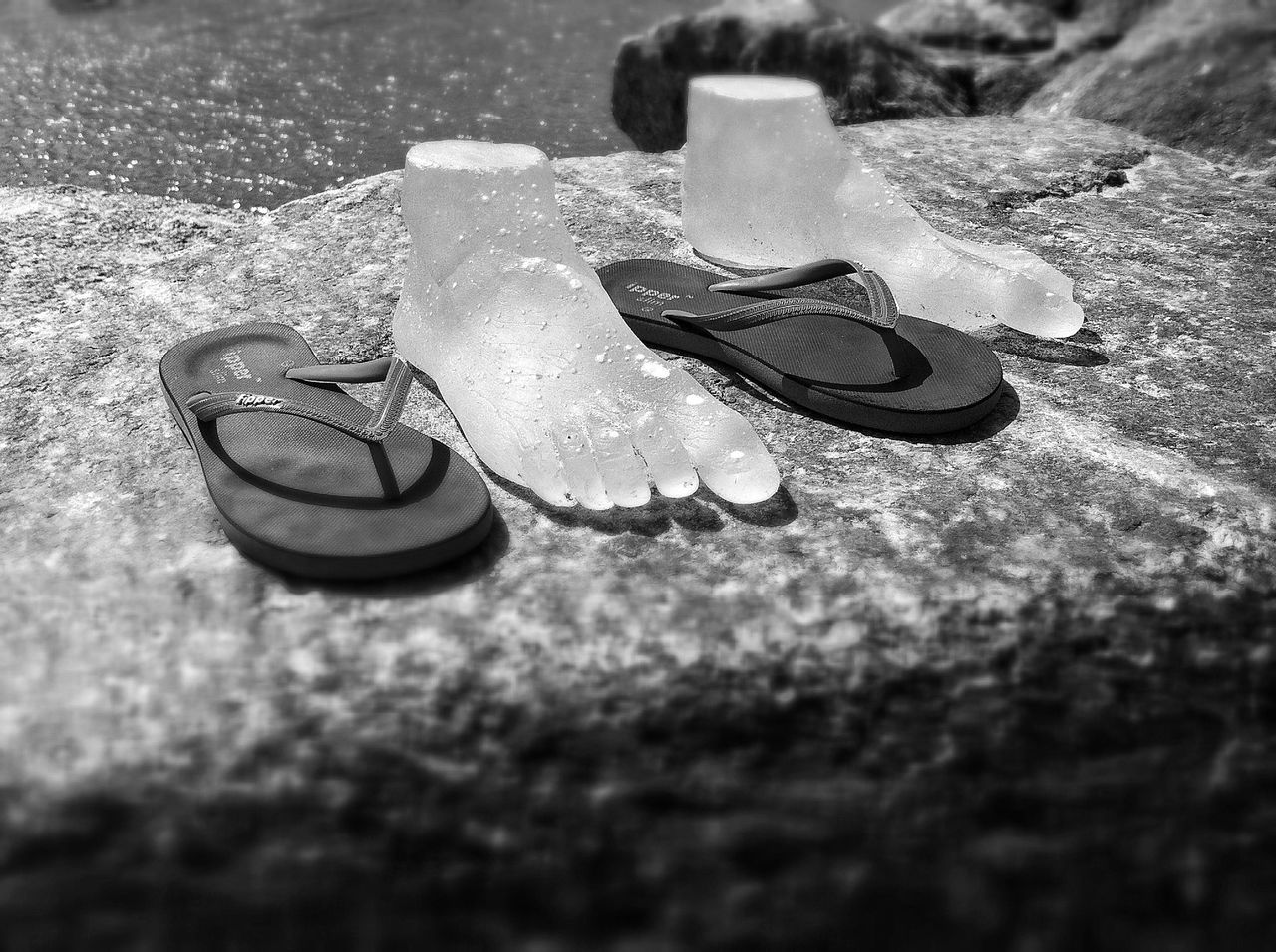 close-up, high angle view, selective focus, single object, focus on foreground, street, outdoors, day, sand, textured, beach, still life, no people, surface level, nature, sunlight, ground, wet, stone - object, pair