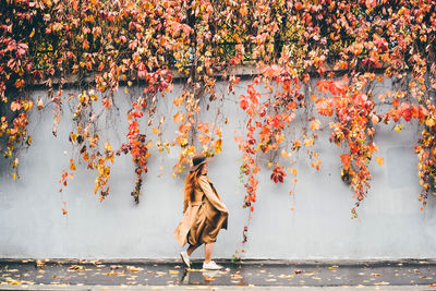 Rear view of woman standing by lake during autumn