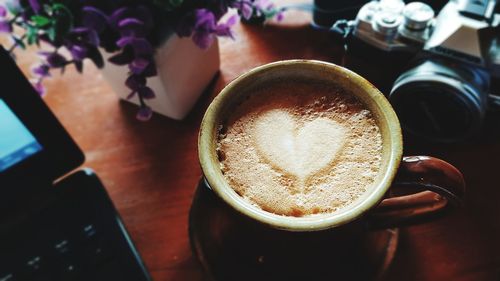 High angle view of coffee on table