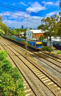 High angle view of railroad station against sky
