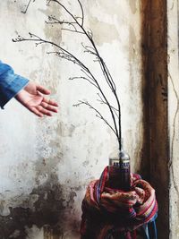 Midsection of person holding painting against wall