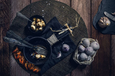 High angle view of bread in plate on table