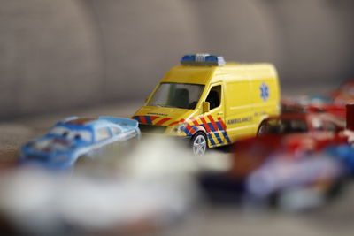 Close-up of toy cars on table