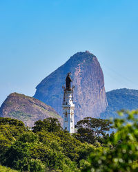 Low angle view of lighthouse by building against clear blue sky