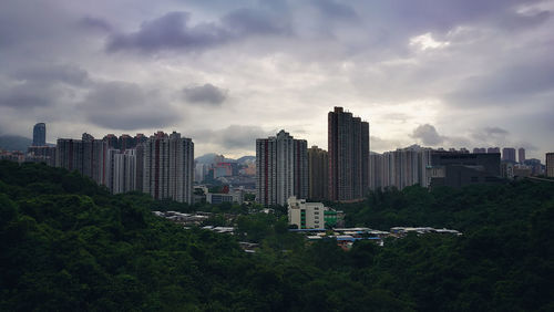 Scenic view of urban skyline against cloudy sky