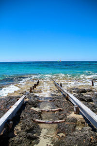 Scenic view of sea against clear blue sky