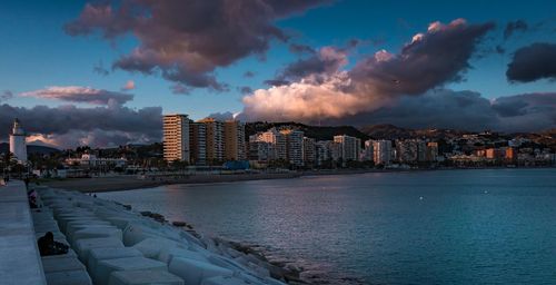 Panoramic view of sea and cityscape against sky