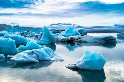 Panoramic view of frozen lake against sky