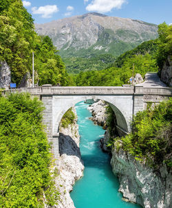 Bridge over beautiful canyon, spring summer. soca, slovenia.