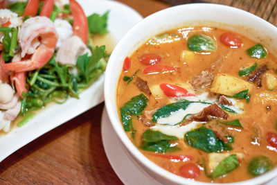 High angle view of soup served on table