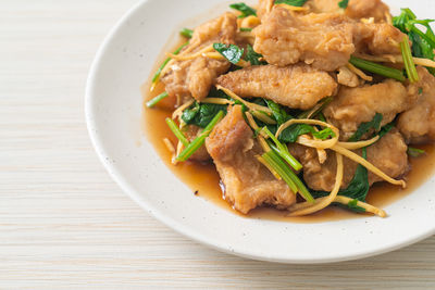 High angle view of food in plate on table