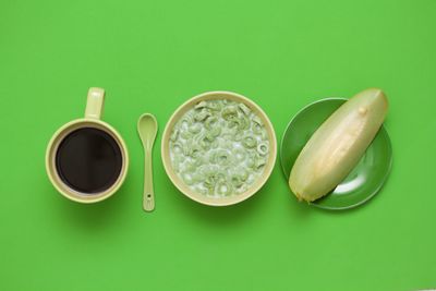 High angle view of food against green background