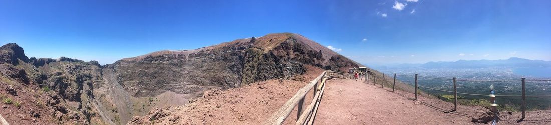 Panoramic view of mountains against clear blue sky