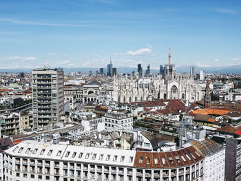 Aerial view of cityscape against sky during sunny day