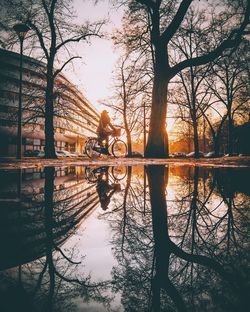 Low angle view of woman cycling by building and bare trees reflecting in puddle