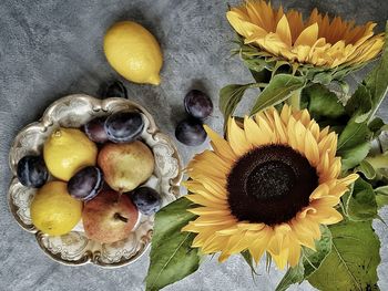 High angle view of sunflowers on table