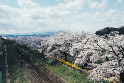 High angle view of train against sky