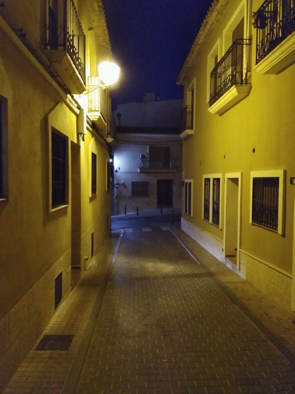 EMPTY ALLEY ALONG ILLUMINATED BUILDINGS