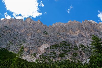 Low angle view of rocky mountains against sky