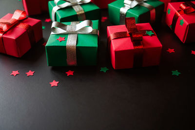 High angle view of christmas decorations on table