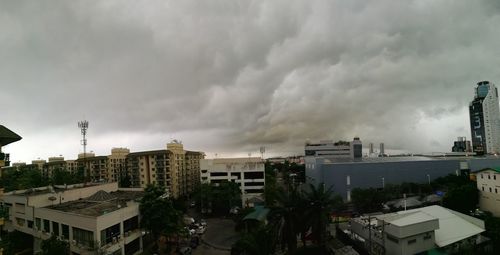 High angle view of buildings against sky