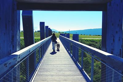 Rear view of woman with dog on footbridge against blue sky