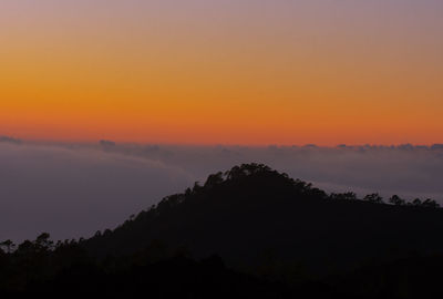 Scenic view of silhouette mountains against orange sky