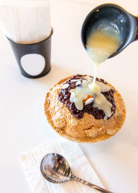 Close-up of dessert served on table