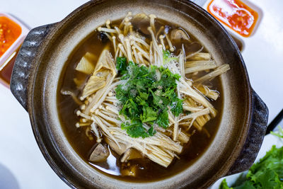 High angle view of soup in bowl on table