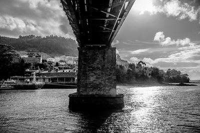 Bridge over river against cloudy sky